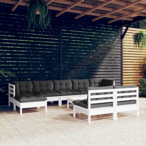 Salon de jardin 10 pcs Ensemble Table et Chaise de Jardin - avec coussins Blanc Bois de pin BV918109 - BonneVie (1/5)