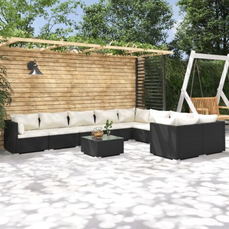 Salon de jardin 10 pcs Ensemble Table et Chaise de Jardin - avec coussins Résine tressée Noir BV656198 - BonneVie (1/5)
