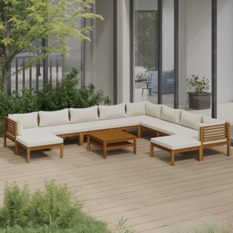 Salon de jardin 11 pcs Ensemble Table et Chaise de Jardin - avec coussin crème Bois d'acacia solide BV442025 - BonneVie (1/5)