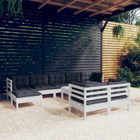 Salon de jardin 10 pcs Ensemble Table et Chaise de Jardin - avec coussins Blanc Bois de pin solide BV717252 - BonneVie (1/5)