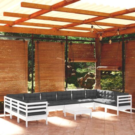 Salon de jardin 11 pcs Ensemble Table et Chaise de Jardin - avec coussins Blanc Bois de pin BV290335 - BonneVie (1/5)