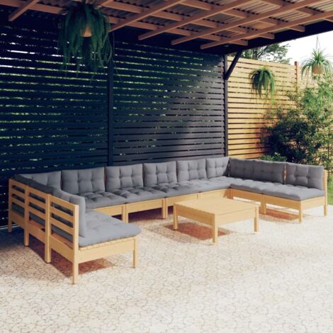 Salon de jardin 11 pcs Ensemble Table et Chaise de Jardin - avec coussins gris Bois de pin solide BV571587 - BonneVie (1/5)