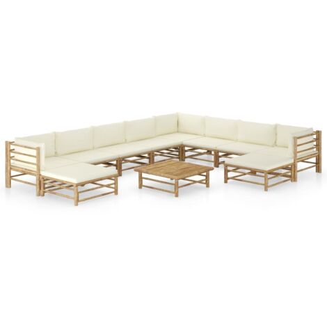 Salon de jardin 11 pcs Ensemble Table et Chaise de Jardin - avec coussins blanc crème Bambou BV325545 - BonneVie (1/5)