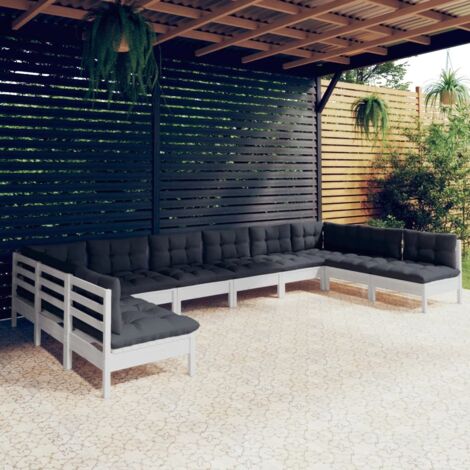 Salon de jardin 10 pcs Ensemble Table et Chaise de Jardin - avec coussins Blanc Bois de pin solide BV123634 - BonneVie (1/5)