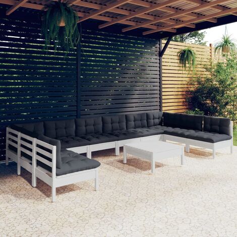 Salon de jardin 11 pcs Ensemble Table et Chaise de Jardin - avec coussins Blanc Bois de pin solide BV908352 - BonneVie (1/5)