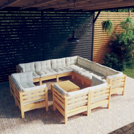 Salon de jardin 12 pcs Contemporain, Ensemble repas de jardin, avec coussins crème Bois de pin solide OIB4464E (1/5)