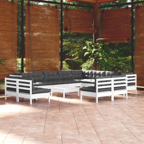 Salon de jardin 13 pcs Ensemble Table et Chaise de Jardin - avec coussins Blanc Bois de pin solide BV960088 - BonneVie (1/5)