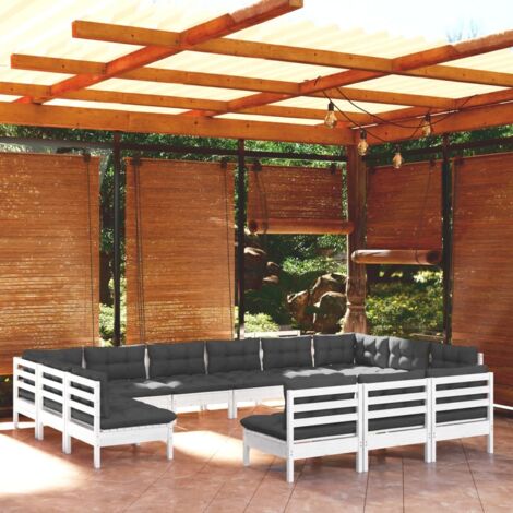 Salon de jardin 13 pcs Ensemble Table et Chaise de Jardin - avec coussins Blanc Bois de pin solide BV316427 - BonneVie (1/5)