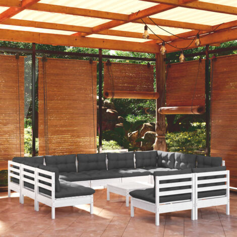 Salon de jardin 12 pcs Ensemble Table et Chaise de Jardin - avec coussins Blanc Bois de pin solide BV936519 - BonneVie (1/5)
