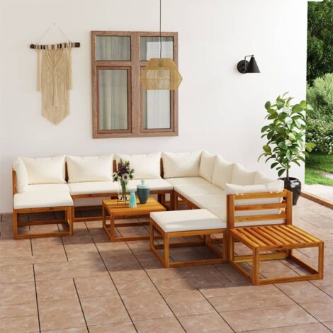 Salon de jardin 12 pcs Meuble de jardin Mobilier de jardin avec coussin Crème Bois d'acacia solide 70697 (1/5)