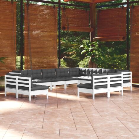 Salon de jardin 12 pcs Ensemble Table et Chaise de Jardin - avec coussins Blanc Bois de pin solide BV621681 - BonneVie (1/5)