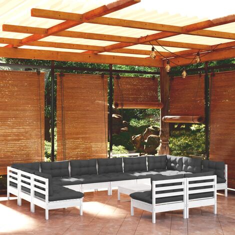 Salon de jardin 13 pcs Ensemble Table et Chaise de Jardin - avec coussins Blanc Bois de pin solide BV359815 - BonneVie (1/5)