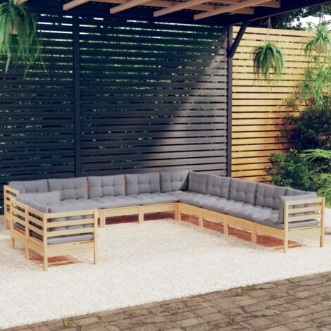 Salon de jardin 11 pcs Ensemble Table et Chaise de Jardin - avec coussins gris Bois de pin solide BV979273 - BonneVie (1/5)