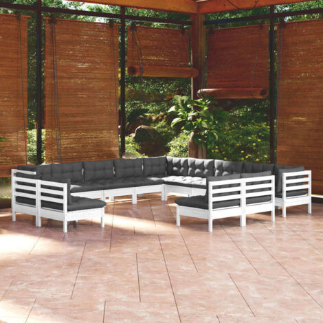 Salon de jardin 13 pcs Ensemble Table et Chaise de Jardin - avec coussins Blanc Bois de pin solide BV122231 - BonneVie (1/5)