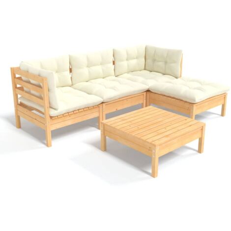 Salon de jardin 5 pcs Ensemble Table et Chaise de Jardin - avec coussins crème Bois de pin BV812782 - BonneVie (1/5)