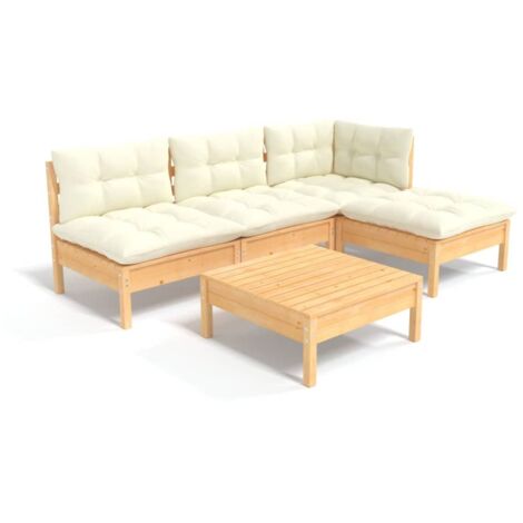 Salon de jardin 5 pcs Ensemble Table et Chaise de Jardin - avec coussins crème Bois de pin BV975896 - BonneVie (1/5)
