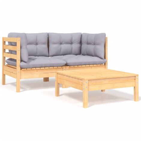 Salon de jardin 3 pcs Ensemble Table et Chaise de Jardin - avec coussins gris Bois de pin massif BV687923 - BonneVie (1/5)