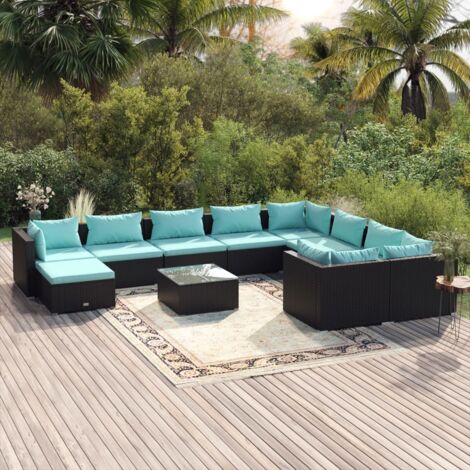 Salon de jardin 11 pcs Ensemble Table et Chaise de Jardin - avec coussins Résine tressée Noir BV251407 - BonneVie (1/5)