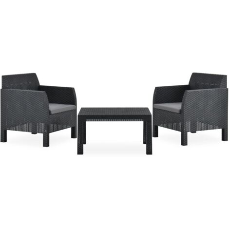 Salon de jardin 3 pcs Ensemble Table et Chaise de Jardin - avec coussins PP Rotin Anthracite BV711204 - BonneVie (1/5)
