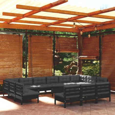 Salon de jardin 14 pcs Ensemble Table et Chaise de Jardin - avec coussins Blanc Bois de pin solide BV612758 - BonneVie (1/5)
