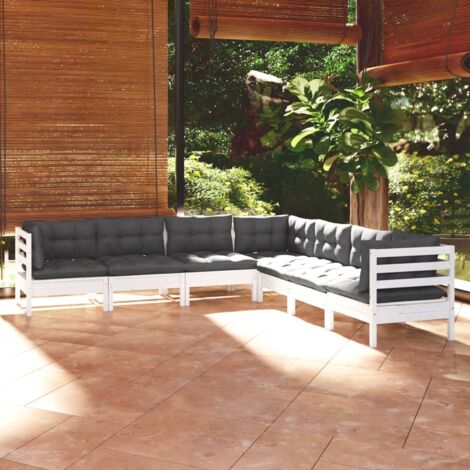 Salon de jardin 7 pcs Ensemble Table et Chaise de Jardin - avec coussins Blanc Bois de pin solide BV483882 - BonneVie (1/5)