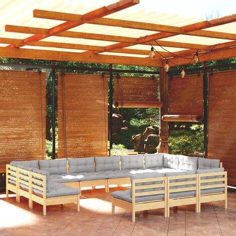 Salon de jardin 13 pcs Ensemble Table et Chaise de Jardin - avec coussins gris Bois de pin massif BV200282 - BonneVie (1/5)