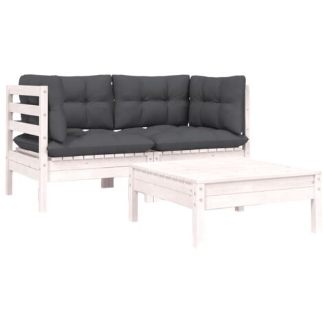 Salon de jardin 3 pcs Contemporain, Ensemble repas de jardin, avec coussins Blanc Bois de pin massif OIB5545E (1/5)