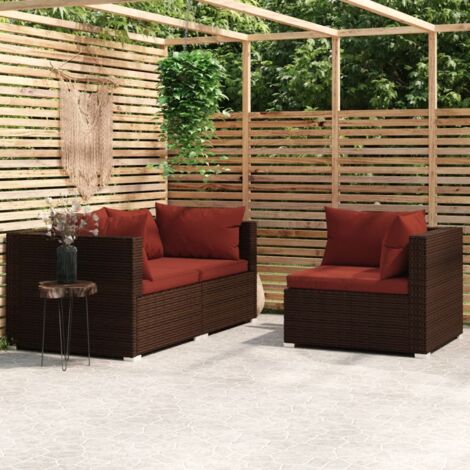 Salon de jardin 3 pcs Ensemble Table et Chaise de Jardin - avec coussins Marron Résine tressée BV655484 - BonneVie (1/5)