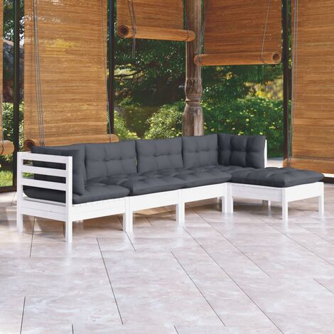 Salon de jardin 5 pcs Ensemble Table et Chaise de Jardin - avec coussins Blanc Bois de pin BV105002 - BonneVie (1/5)