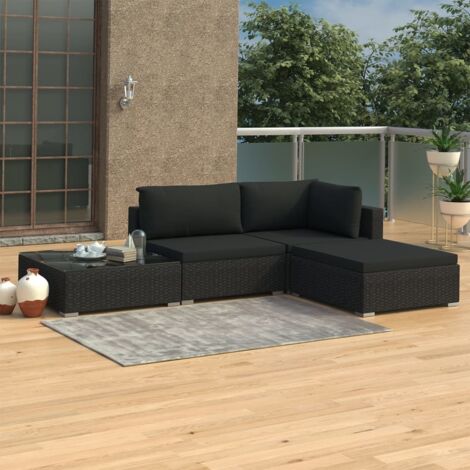 Salon de jardin 4 pcs Ensemble Table et Chaise de Jardin - avec coussins Résine tressée Noir BV656051 - BonneVie (1/5)