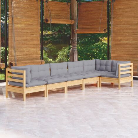 Salon de jardin 6 pcs Ensemble Table et Chaise de Jardin - avec coussins gris Bois de pin BV685801 - BonneVie (1/5)