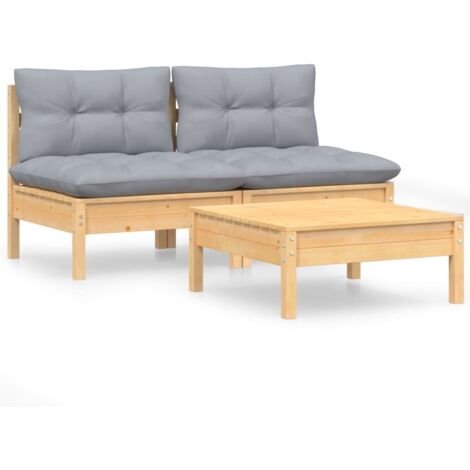 Salon de jardin 3 pcs Ensemble Table et Chaise de Jardin - avec coussins gris Bois de pin BV610162 - BonneVie (1/5)