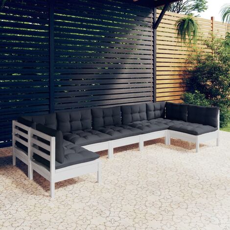 Salon de jardin 7 pcs Ensemble Table et Chaise de Jardin - avec coussins Blanc Bois de pin massif BV677780 - BonneVie (1/5)