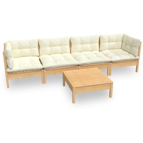 Salon de jardin 5 pcs Ensemble Table et Chaise de Jardin - avec coussins crème Bois de pin massif BV702168 - BonneVie (1/5)