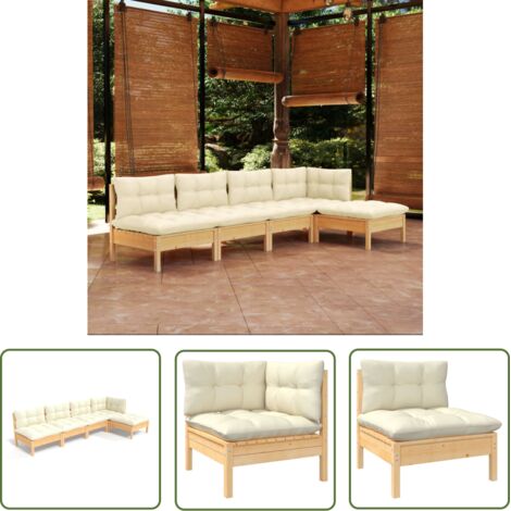 Salon de jardin 5 pcs Ensemble Table et Chaise de Jardin - avec coussins crème Bois de pin BV577922 - BonneVie (1/5)