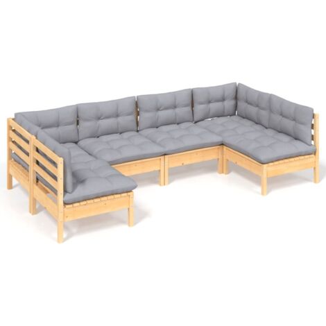 Salon de jardin 6 pcs Ensemble Table et Chaise de Jardin - avec coussins gris Bois de pin massif BV425342 - BonneVie (1/5)