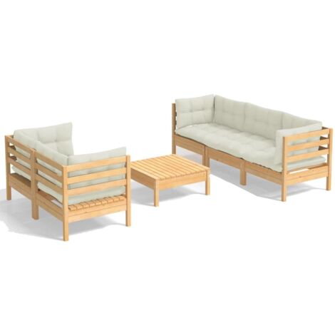 Salon de jardin 6 pcs Ensemble Table et Chaise de Jardin - avec coussins crème Bois de pin BV845857 - BonneVie (1/5)