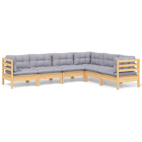 Salon de jardin 6 pcs Ensemble Table et Chaise de Jardin - avec coussins gris Bois de pin solide BV924604 - BonneVie (1/5)