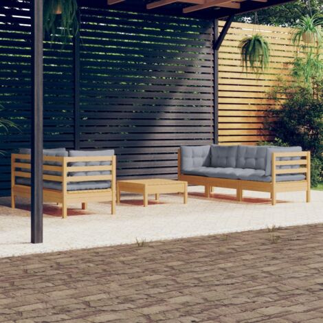Salon de jardin 6 pcs Ensemble Table et Chaise de Jardin - avec coussins gris Bois de pin BV871216 - BonneVie (1/5)