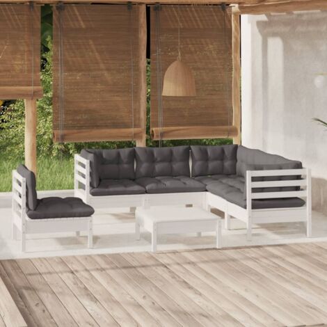 Salon de jardin 6 pcs Ensemble Table et Chaise de Jardin - avec coussins Blanc Bois de pin BV261415 - BonneVie (1/5)
