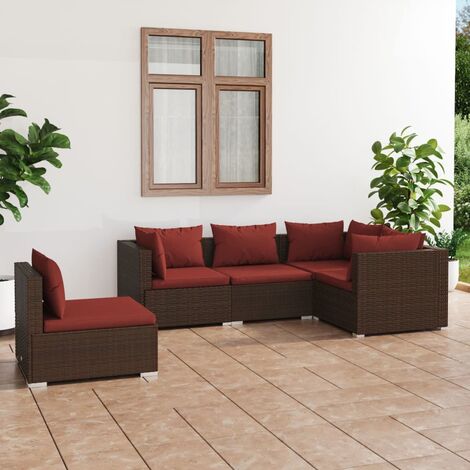 Salon de jardin 5 pcs Ensemble Table et Chaise de Jardin - avec coussins Résine tressée Marron BV130679 - BonneVie (1/5)