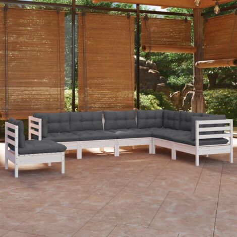 Salon de jardin 7 pcs Ensemble Table et Chaise de Jardin - avec coussins Blanc Bois de pin solide BV312464 - BonneVie (1/5)