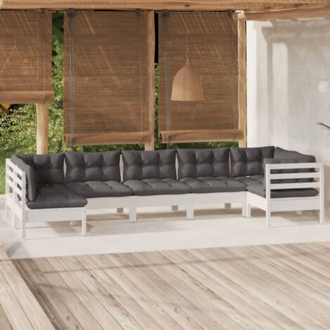 Salon de jardin 7 pcs Ensemble Table et Chaise de Jardin - avec coussins Blanc Bois de pin massif BV470369 - BonneVie (1/5)