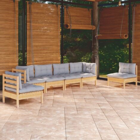Salon de jardin 6 pcs Ensemble Table et Chaise de Jardin - avec coussins gris Bois de pin massif BV791121 - BonneVie (1/5)