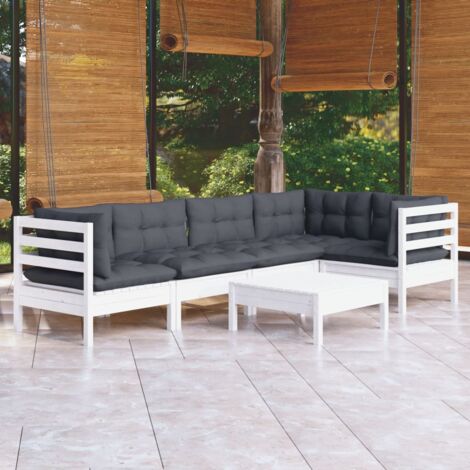 Salon de jardin 6 pcs Ensemble Table et Chaise de Jardin - avec coussins Blanc Bois de pin BV429281 - BonneVie (1/5)