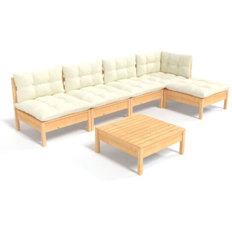 Salon de jardin 6 pcs Ensemble Table et Chaise de Jardin - avec coussins crème Bois de pin BV535249 - BonneVie (1/5)