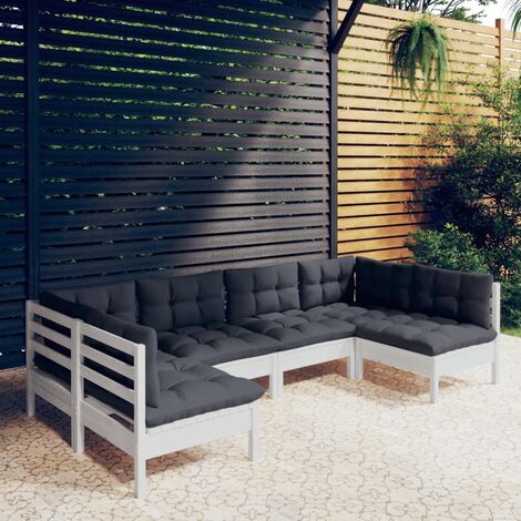 Salon de jardin 6 pcs Ensemble Table et Chaise de Jardin - avec coussins Blanc Bois de pin solide BV695309 - BonneVie (1/5)
