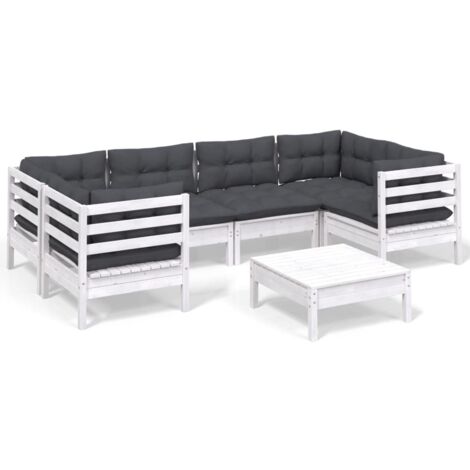 Salon de jardin 7 pcs Ensemble Table et Chaise de Jardin - avec coussins Blanc Bois de pin BV101737 - BonneVie (1/5)