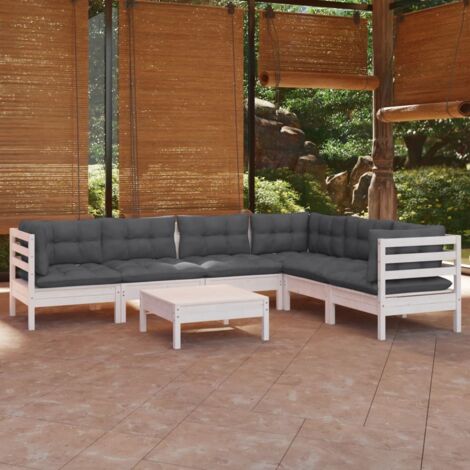 Salon de jardin 7 pcs Ensemble Table et Chaise de Jardin - avec coussins Blanc Bois de pin solide BV553546 - BonneVie (1/5)