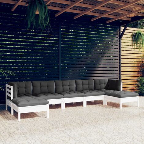 Salon de jardin 7 pcs Ensemble Table et Chaise de Jardin - avec coussins Blanc Bois de pin BV513504 - BonneVie (1/5)